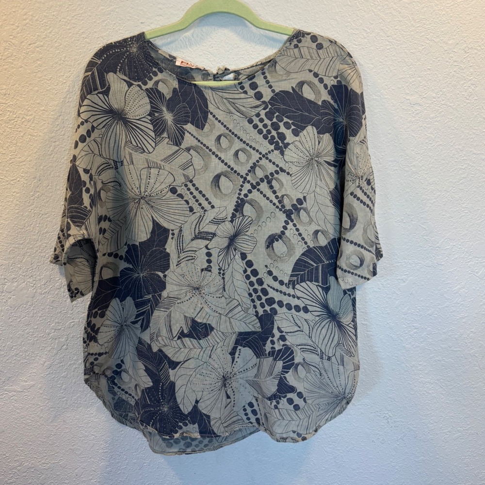 Fly Moda Italy 100% Linen Floral Print Blouse Grey Blue Oversized Top M?